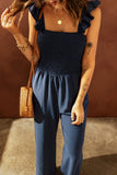 Blue Flutter Sleeve Smocked Wide Leg Jumpsuit