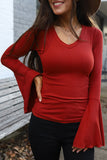 Red Boho V Neck Knit Bell Sleeve Top