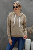 Kangaroo Pocket Button Lace Drawstring Hooded Pullover Sweater