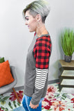 Buffalo Plaid & Stripe Splicing Long Sleeve Top