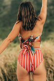 Floral Print Patchwork Stripes One-piece Swimsuit