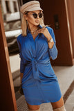 Blue Ruched Front Tie Buttoned Long Sleeve Shirt Dress