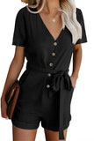 V Neck Short Sleeve Buttons Belted Romper with Pockets