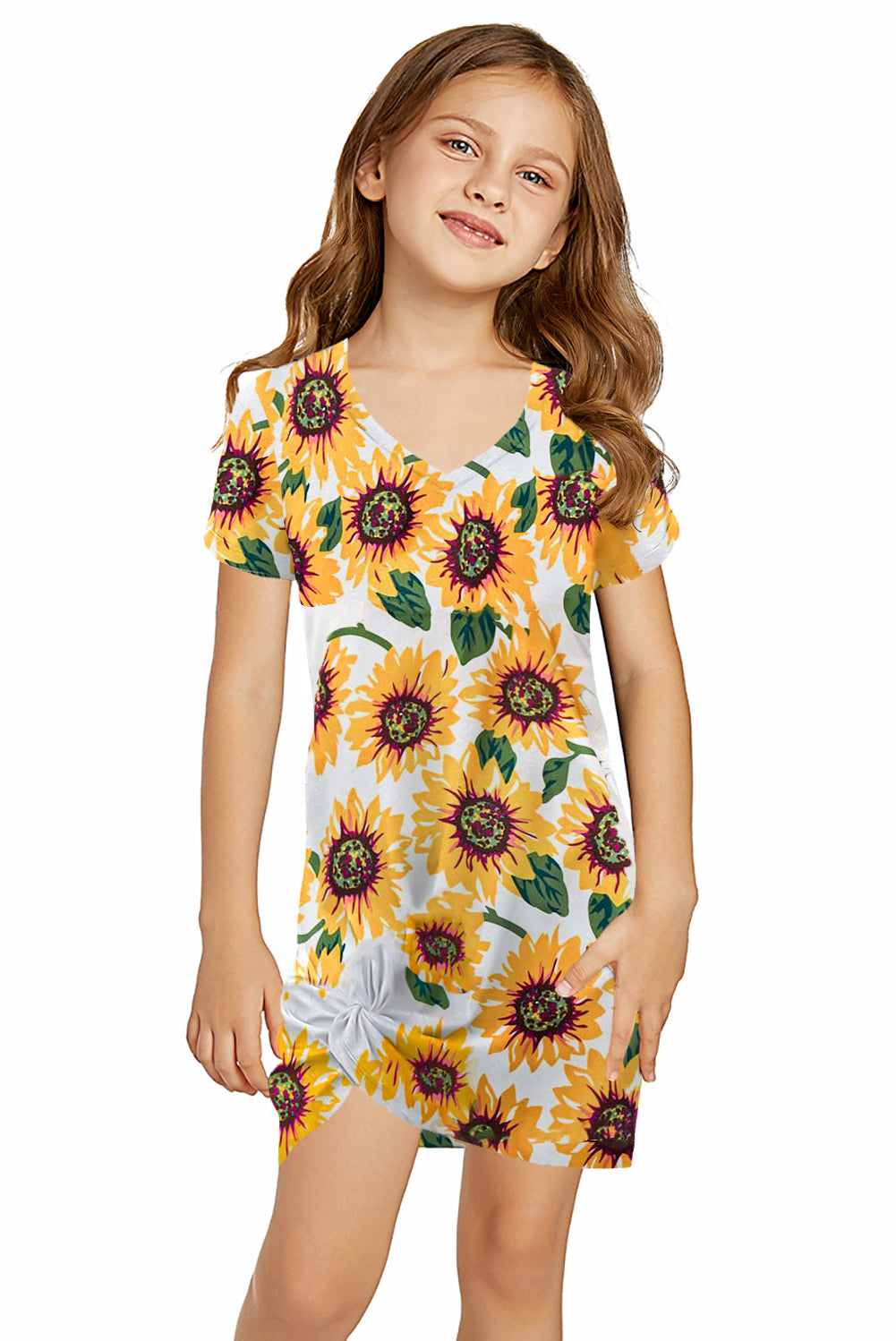 Sunflower Print Twist Knot V Neck Girl's Mini Dress