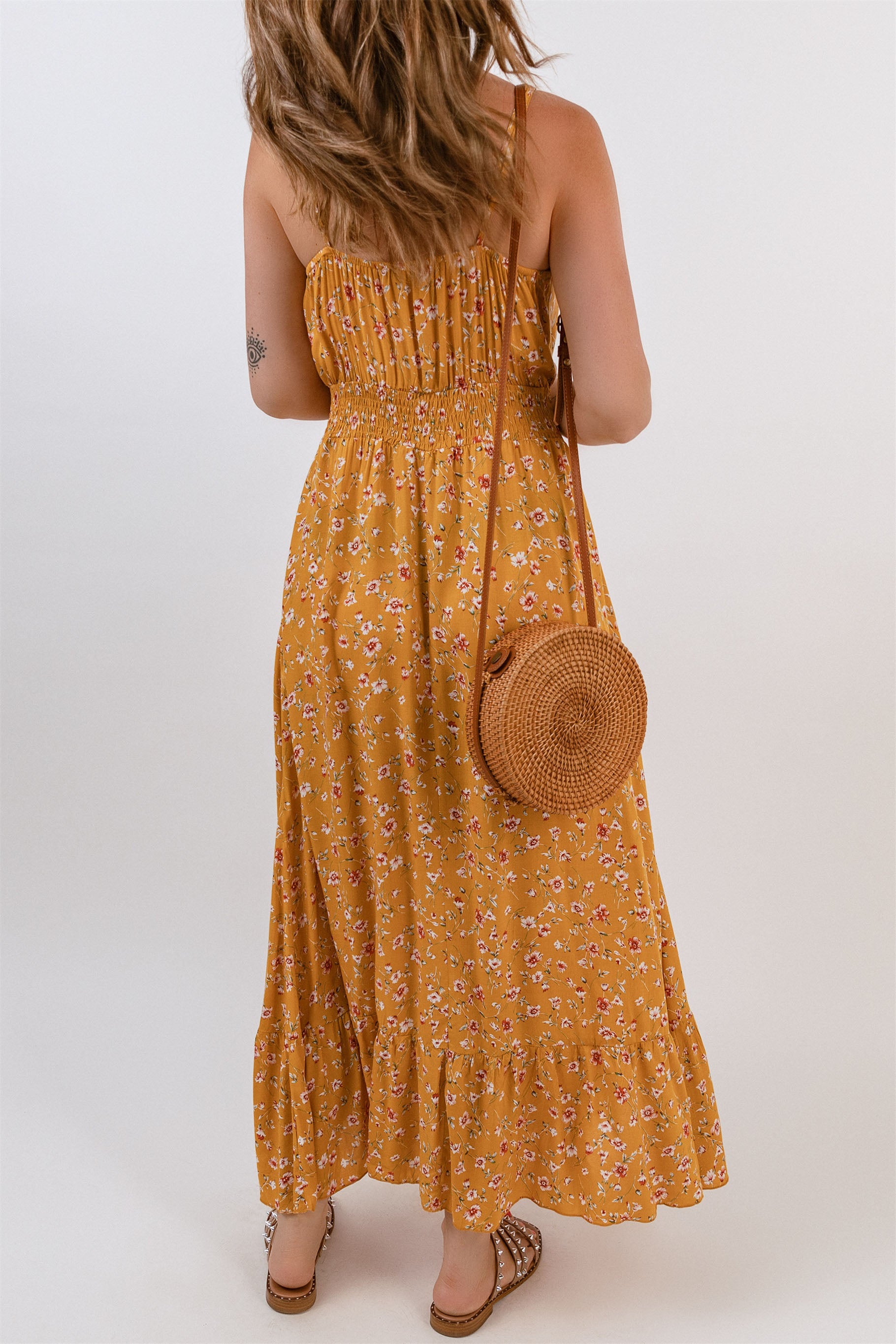Floral Print Buttoned Drawstring Sleeveless Maxi Dress