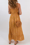 Floral Print Buttoned Drawstring Sleeveless Maxi Dress