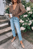 Print Buttoned Frilled V Neck Top
