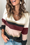 Khaki Casual Color-Block Striped Long Sleeve V Neck Sweater
