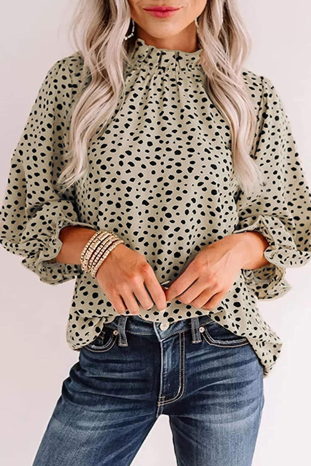 Frilled Neck 3/4 Sleeves Cheetah Blouse