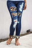 Hollow Out Leopard Splice Ripped Jeans