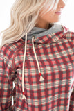 Multicolor Cowl Neck Plaid Drawstring Hoodie with Thumb Hole