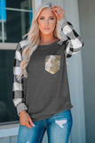 Plaid Splicing Sequined Pocket Long Sleeve Top