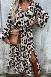 Wrap V Neck Leopard Midi Dress with Ruffled Hem