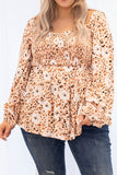 Khaki Square Neck Floral Leopard Smocked Bust Plus Size Blouse