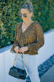 Leopard Ruffled V Neck Long Sleeve Blouse