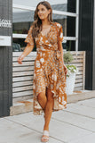 Brown Floral Print Ruffled Lace Up Wrap V Neck Midi Dress