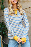 Striped Knit Button Neck Long Sleeve Top