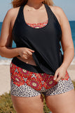 Black Black Floral Leopard Plus Size Tankini with Vest