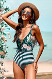 Floral and Striped Lace-up One-piece Swimwear