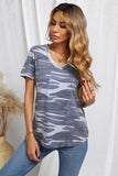 Camouflage Print V Neck Tee with Pocket