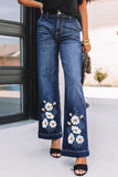 Dark Wash Daisy Print High Waist Flare Jeans