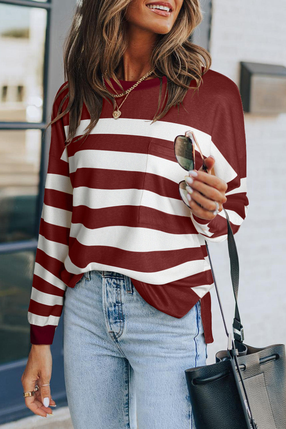 Stripe Striped Print Pocketed Long Sleeve Top with Slits