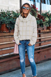 Beige Grid Pattern Turtleneck Sweater