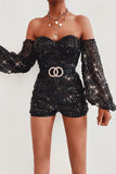 Sequins Off-The-Shoulder Long-Sleeve Padded Mini Romper