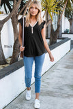 V Neck Buttoned Lace Trim Short Sleeve Tee