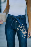 Butterfly Print Knotted High Waist Flare Jeans