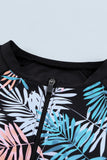 Sky Blue Leaves Print Zip-up Long Sleeve Surf Rash Guard Swimwear