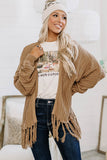 Khaki Fringe Open Front Knit Cardigan