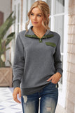 Dark Gray Quilted Snaps Stand Neck Sweatshirt with Fake Front Pocket