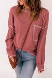 Contrast Stitching Trim Waffle Knit Pullover