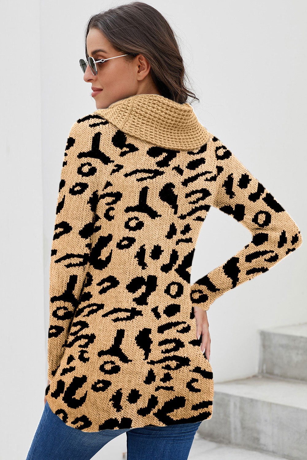 Khaki Leopard Print Casual Knitted Sweater