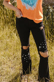 Stars Print Ripped Knee High Waist Bell Bottom Jeans