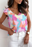 color-2 color Pastel Geometric Print V-Neck Pleated Cap Sleeve Top
