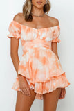 Orange Tie-dye Print Short Puff Sleeve Romper