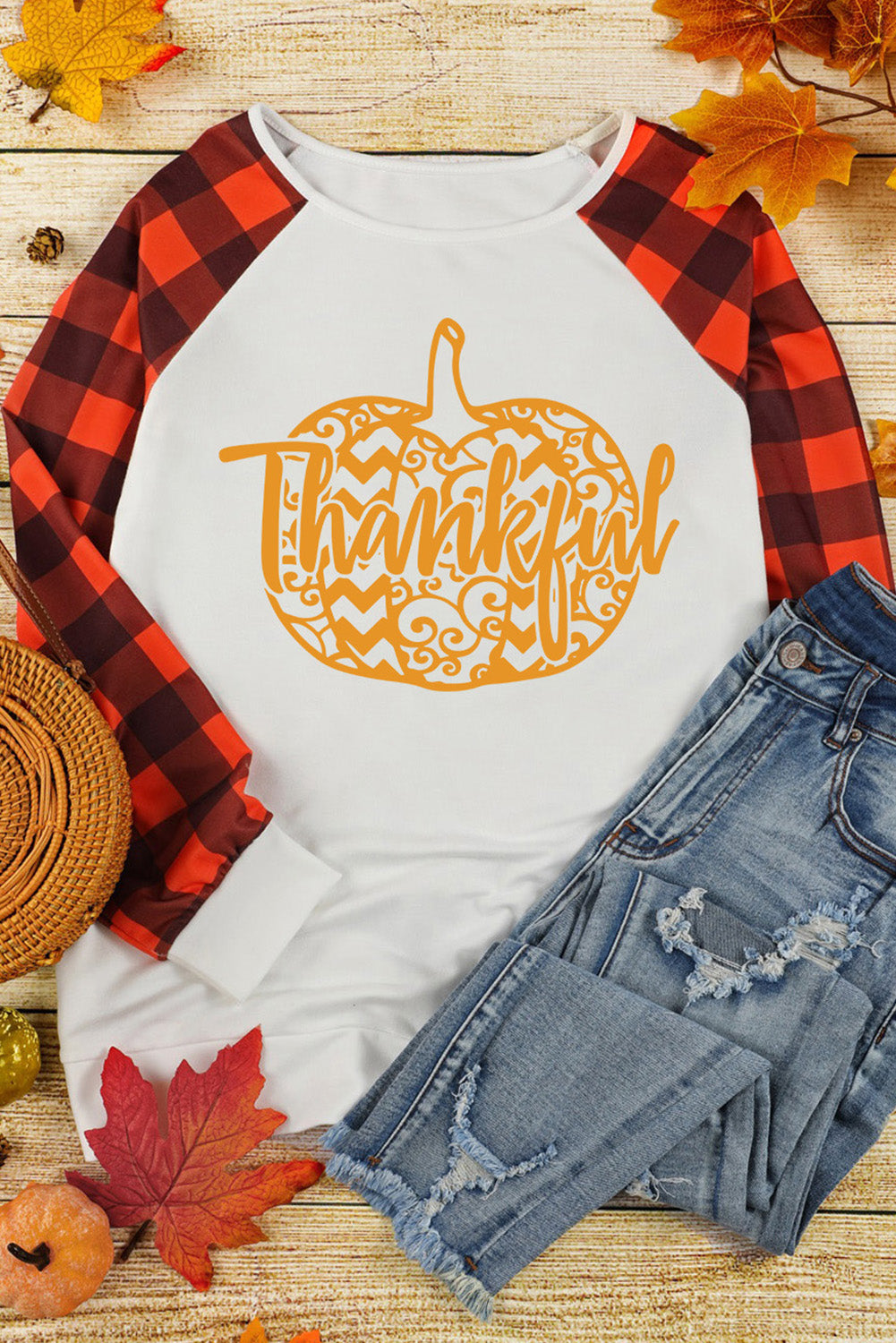 Thankful Pumpkin Graphic Plaid Long Sleeve Top