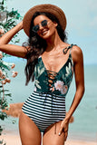 Floral and Striped Lace-up One-piece Swimwear