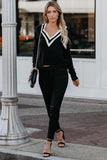 Deep V Contrasted Neckline Knitted Sweater