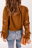 Brown Grommet Ribbon Tied Long Sleeve Crop Top
