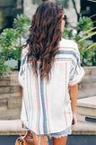 V Neck Stripes Roll up Sleeve Button Shirt