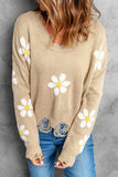 Khaki Daisy Pattern Knit Distressed Sweater