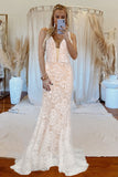 White V-neck Backless Lace Wedding Sweeping Floor Evening Dress