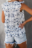 Ruffled Cap Sleeve Printed Split Neck Tank Top