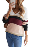 Khaki Colorblock V Neck Ribbed Knitted Sweater