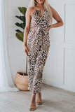 Brown Keyhole Front Leopard Sleeveless Cropped Jumpsuit