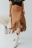 Tasseled Hemline Suede Midi Skirt