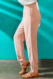 Pink Ruffled Elastic Waistband High Waist Pants